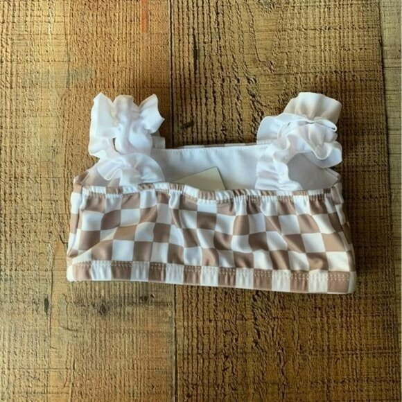 Orcas Lucille baby girls tan and white checkered swimsuit top with ruffle sleeve - Picture 2 of 6